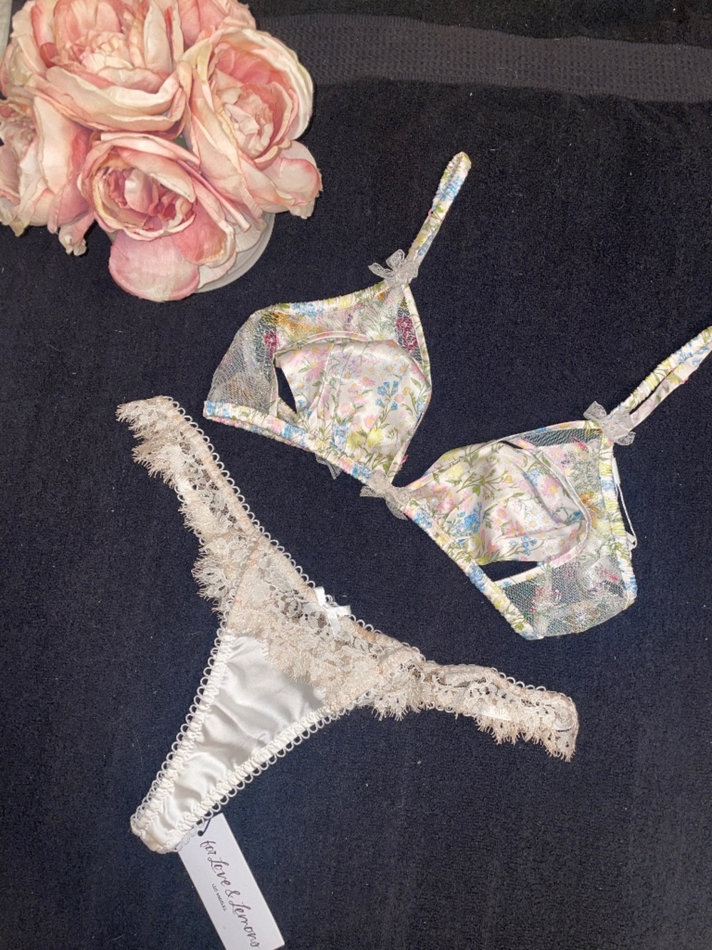 For Love & Lemons Glitter Garden Bralette & Faye Thong Satin Rose-NWT- L/XL